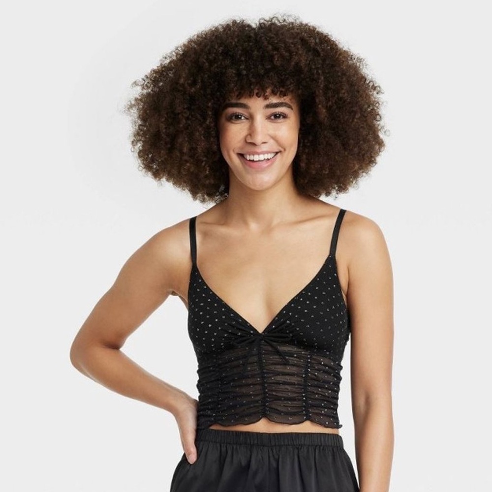 Colsie Black and Silver Dot Mesh Ruched Bralette Top